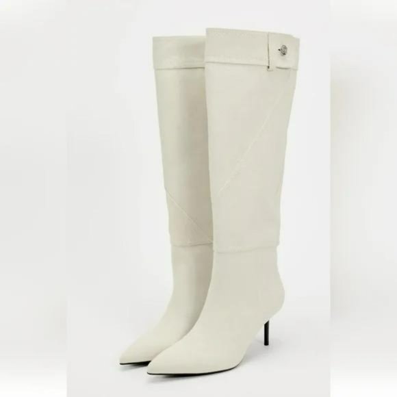 ZARA KNEE HIGH HEELED DENIM BOOTS